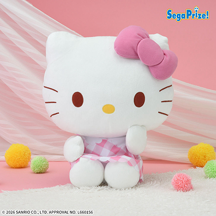ハローキティ　LLぬいぐるみ　ピンクチェックVer.